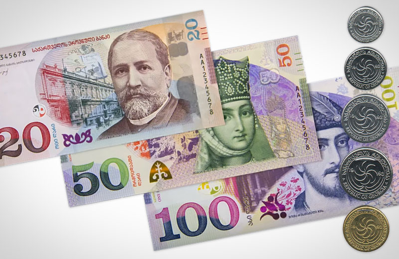 Georgian money: Lari banknotes and Lari/Tetri coins
